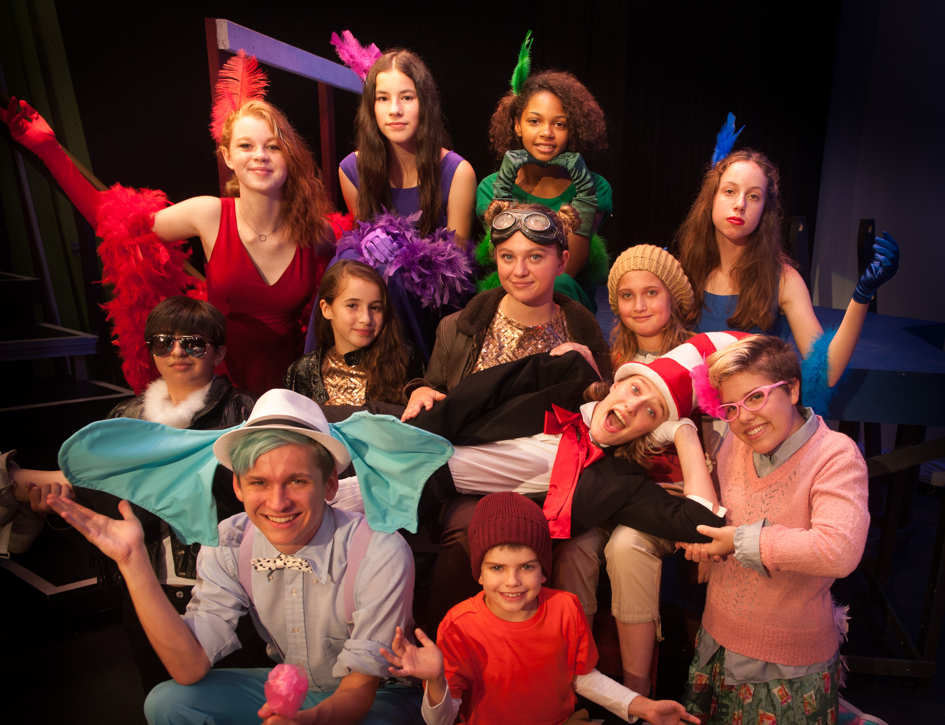 Lost Nation Theater cast of characters for Seussical in bright costumes